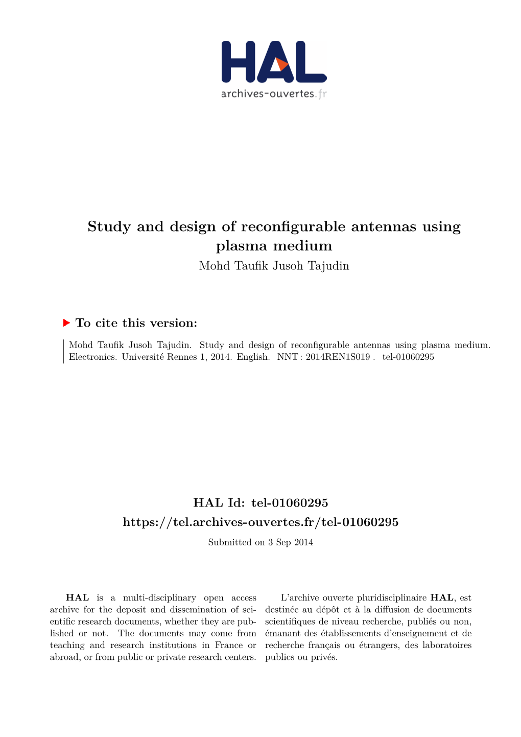 Study and Design of Reconfigurable Antennas Using Plasma Medium Mohd Taufik Jusoh Tajudin