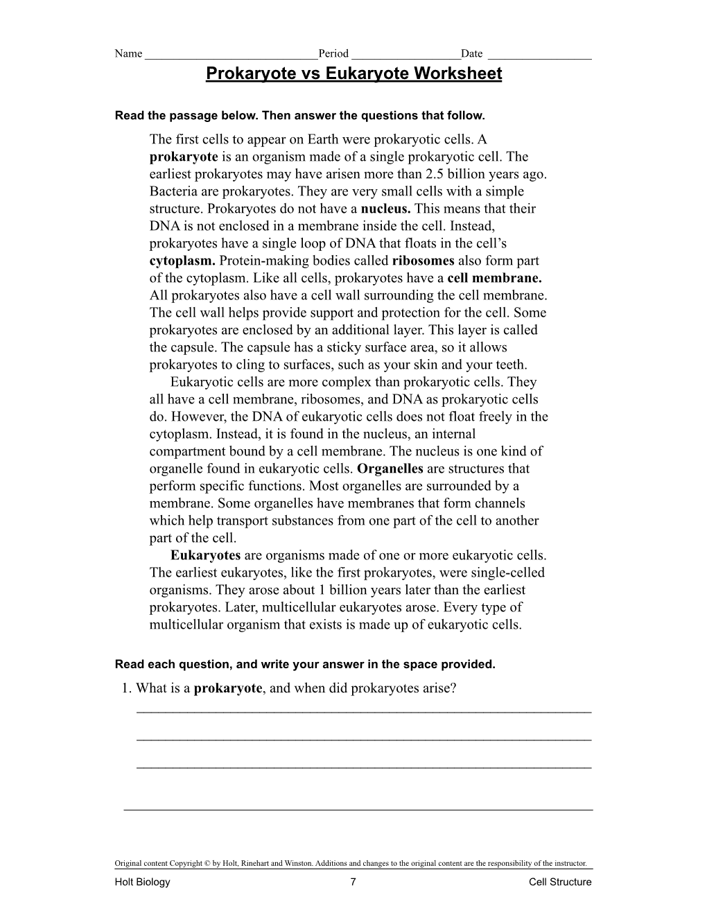 Prokaryote Vs Eukaryote Worksheet