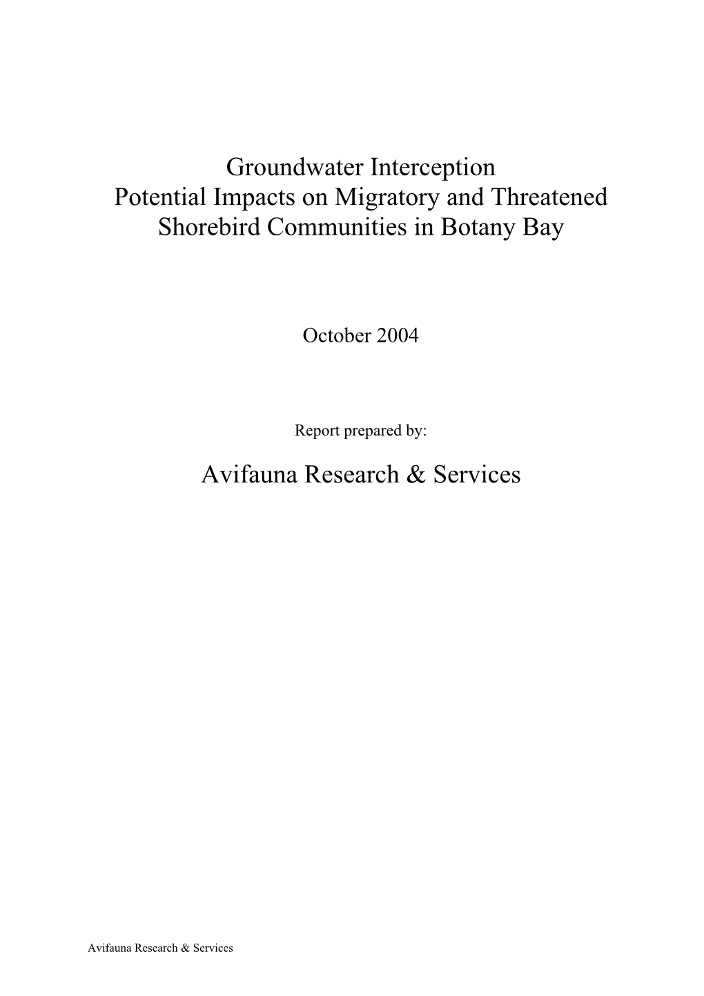 Groundwater Interception Potential Impacts on Migratory and Threatened Shorebird Communities in Botany Bay