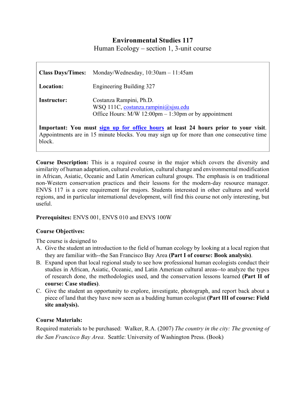 Environmental Studies 117 Human Ecology – Section 1, 3-Unit Course