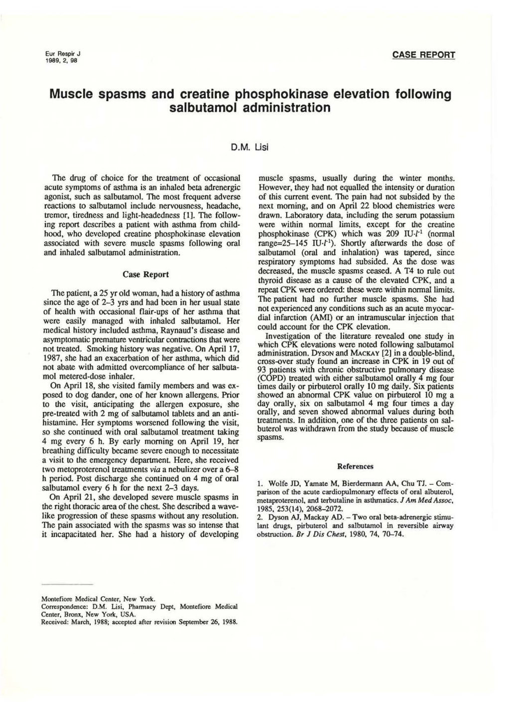 Muscle Spasms and Creatine Phosphokinase Elevation Following Salbutamol Administration