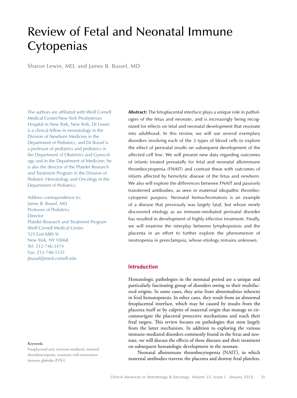 Review of Fetal and Neonatal Immune Cytopenias