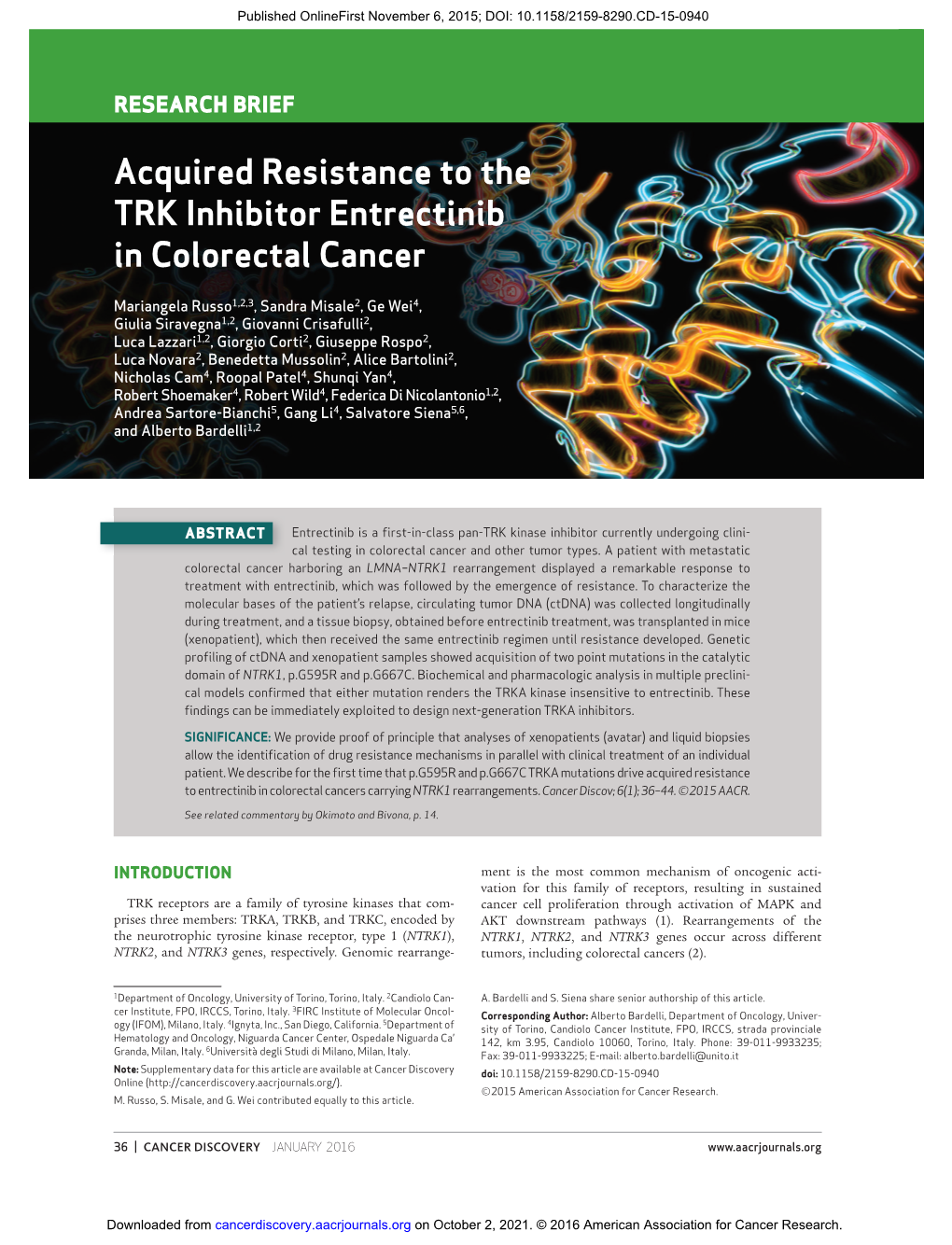 Acquired Resistance to the TRK Inhibitor Entrectinib in Colorectal Cancer