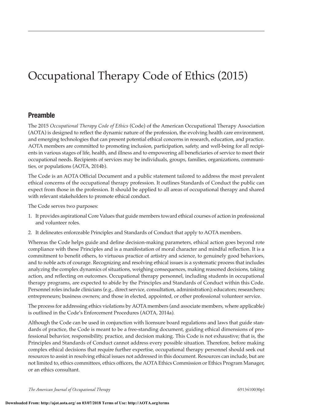 Occupational Therapy Code of Ethics (2015)