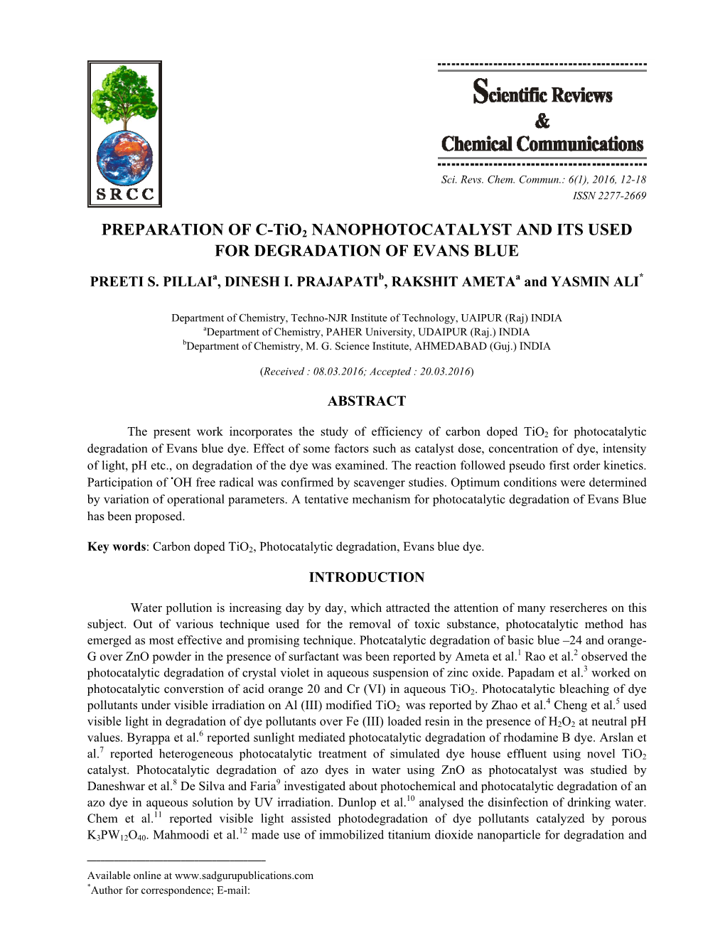 PREPARATION of C-Tio2 NANOPHOTOCATALYST and ITS USED for DEGRADATION of EVANS BLUE