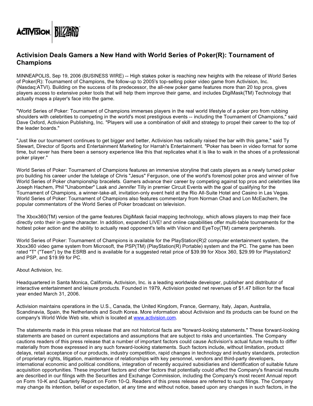 Activision Deals Gamers a New Hand with World Series of Poker(R): Tournament of Champions