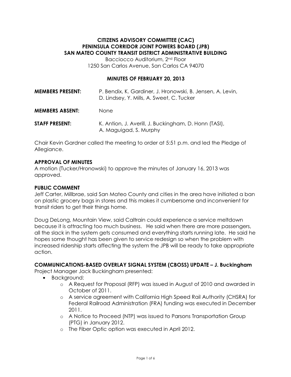 Citizens Advisory Committee (Cac) Peninsula Corridor Joint Powers Board (Jpb) San Mateo County Transit District Administrative B