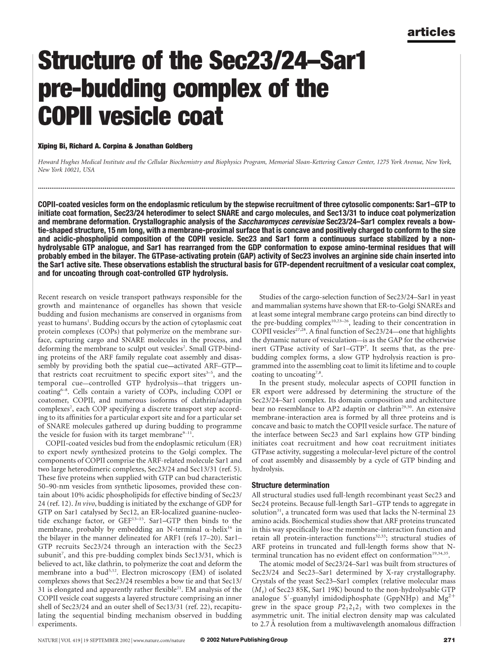 Structure of the Sec23/24–Sar1 Pre-Budding Complex of the COPII Vesicle Coat