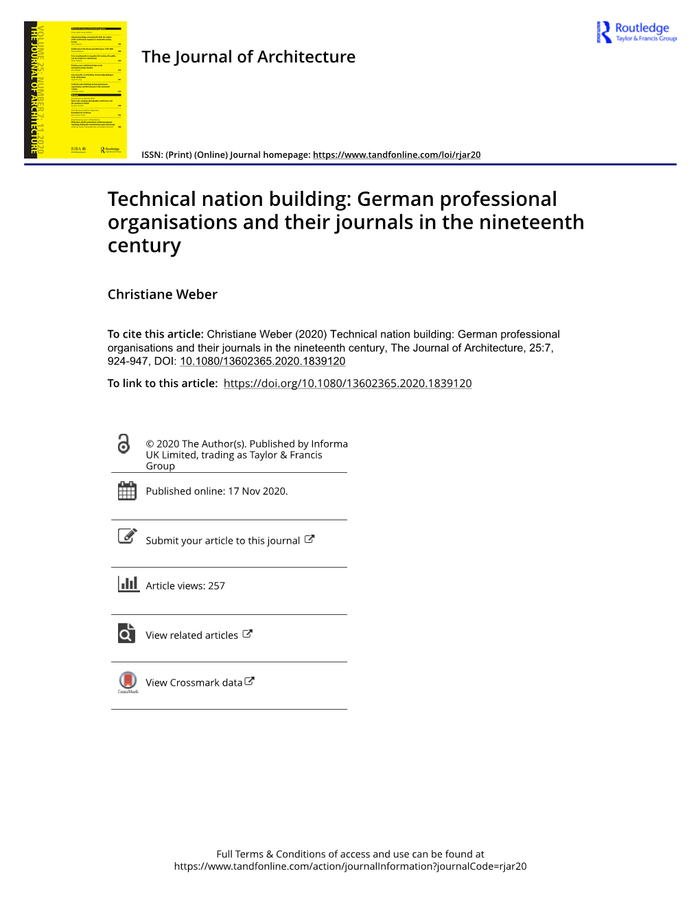 Technical Nation Building: German Professional Organisations and Their Journals in the Nineteenth Century