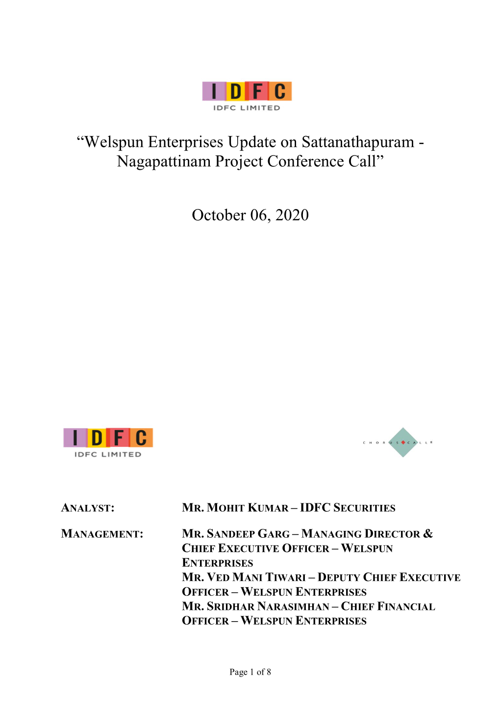 “Welspun Enterprises Update on Sattanathapuram - Nagapattinam Project Conference Call”