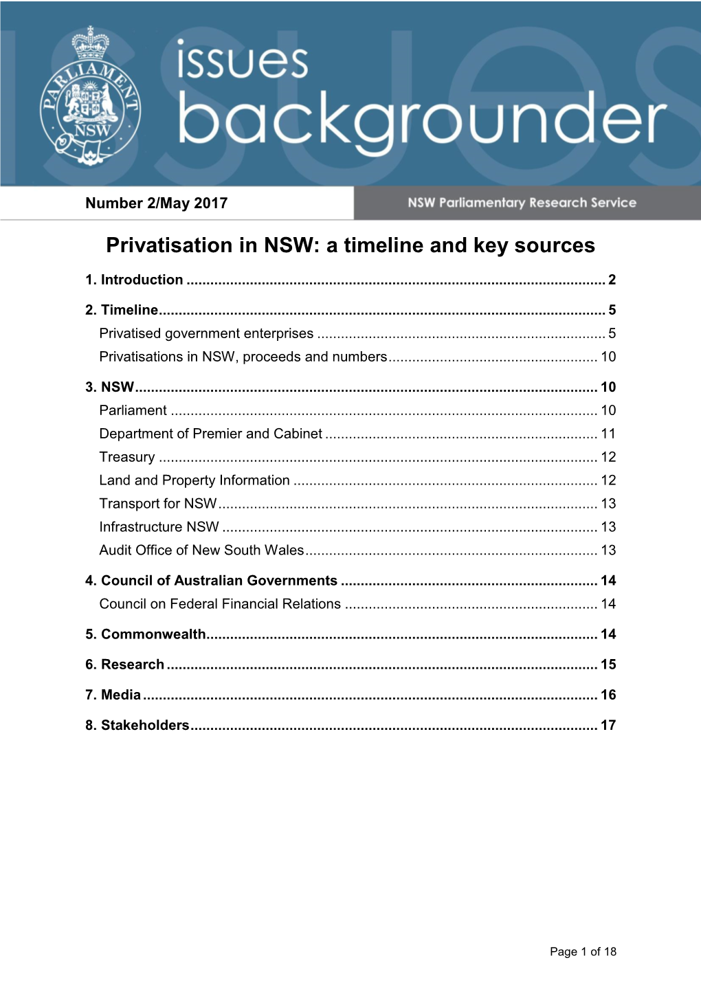 Privatisation in NSW: a Timeline and Key Sources