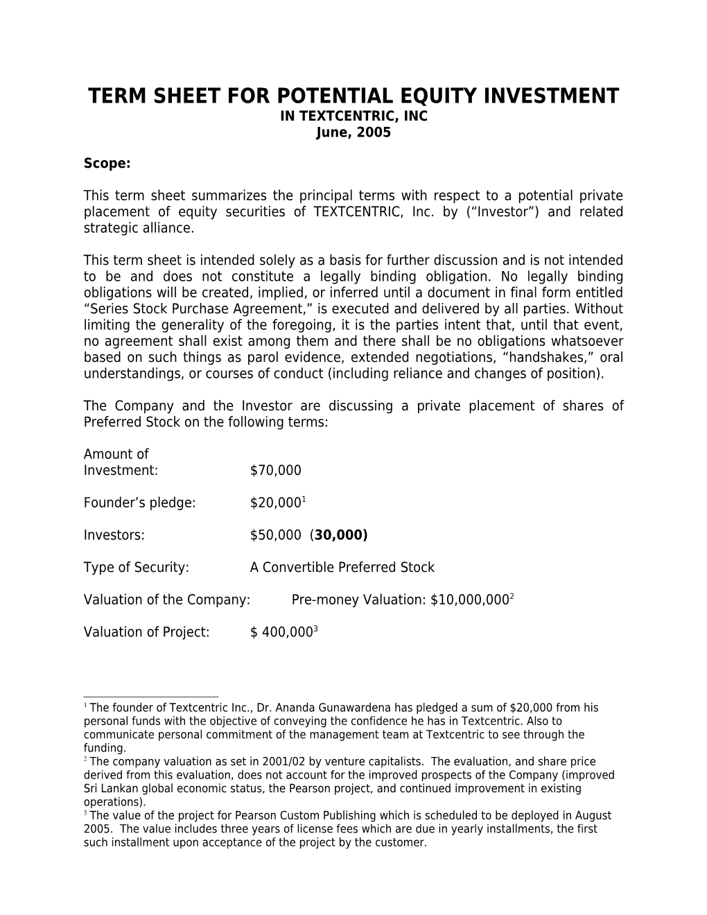 Term Sheet For Potential Equity Investment