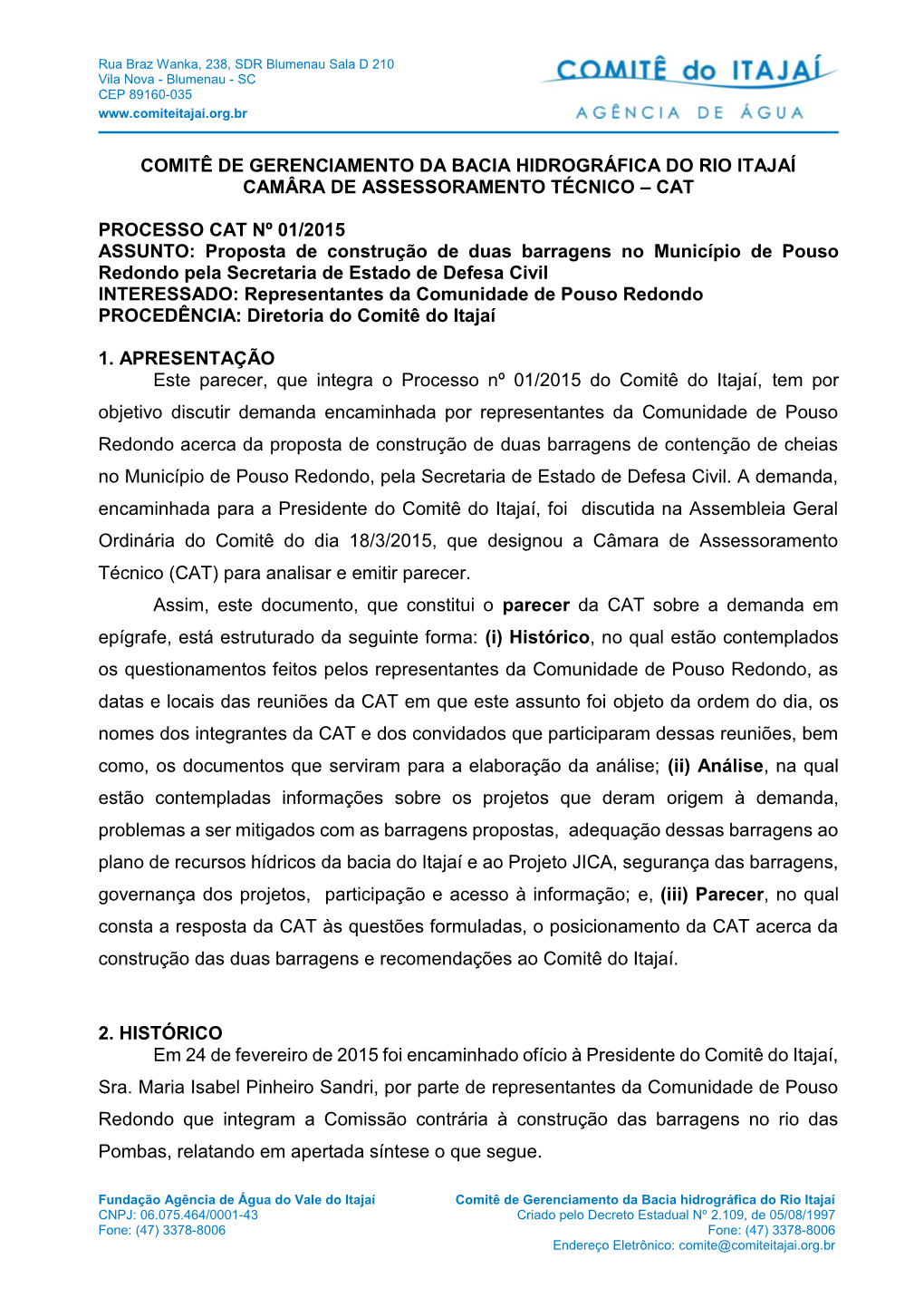 Comitê De Gerenciamento Da Bacia Hidrográfica Do Rio Itajaí Camâra De Assessoramento Técnico – Cat