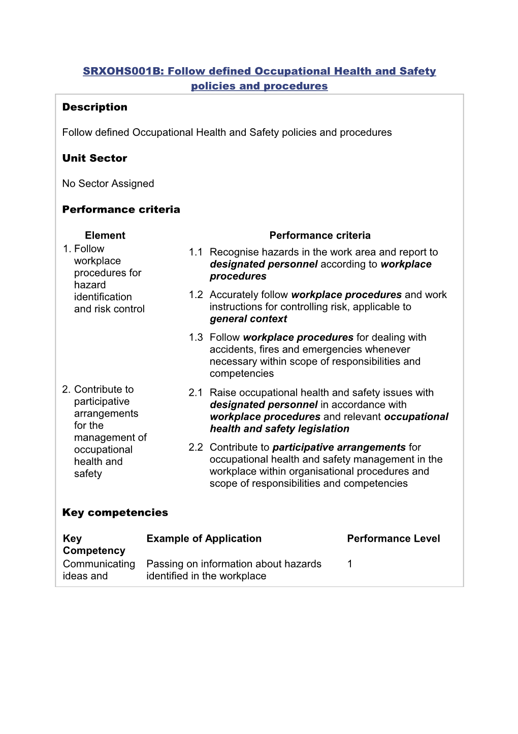 SRXOHS001B: Follow Defined Occupational Health and Safety Policies and Procedures