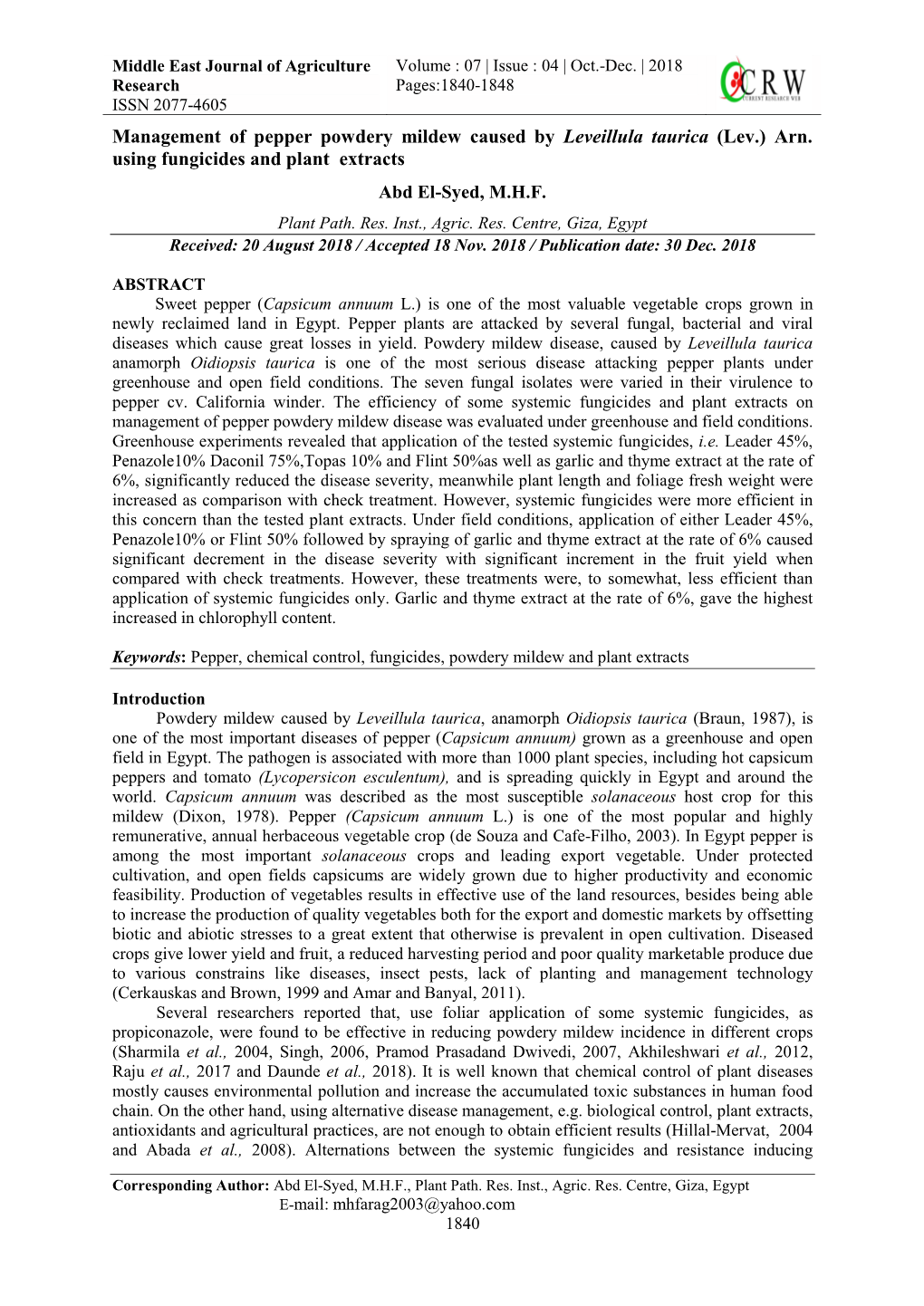 Management of Pepper Powdery Mildew Caused by Leveillula Taurica (Lev.) Arn