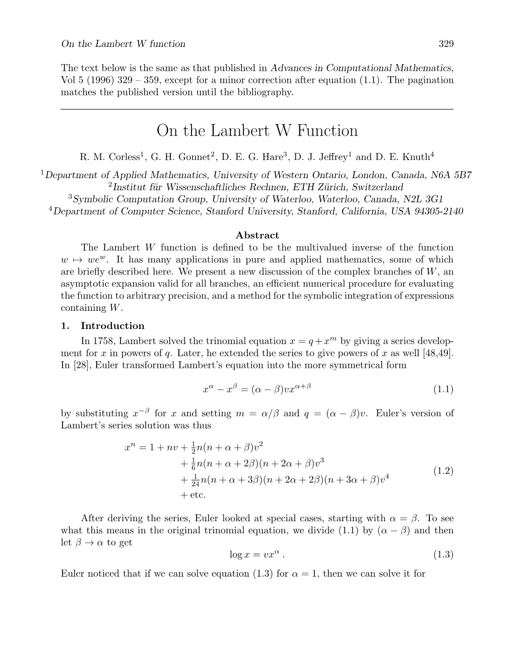 On the Lambert W Function 329