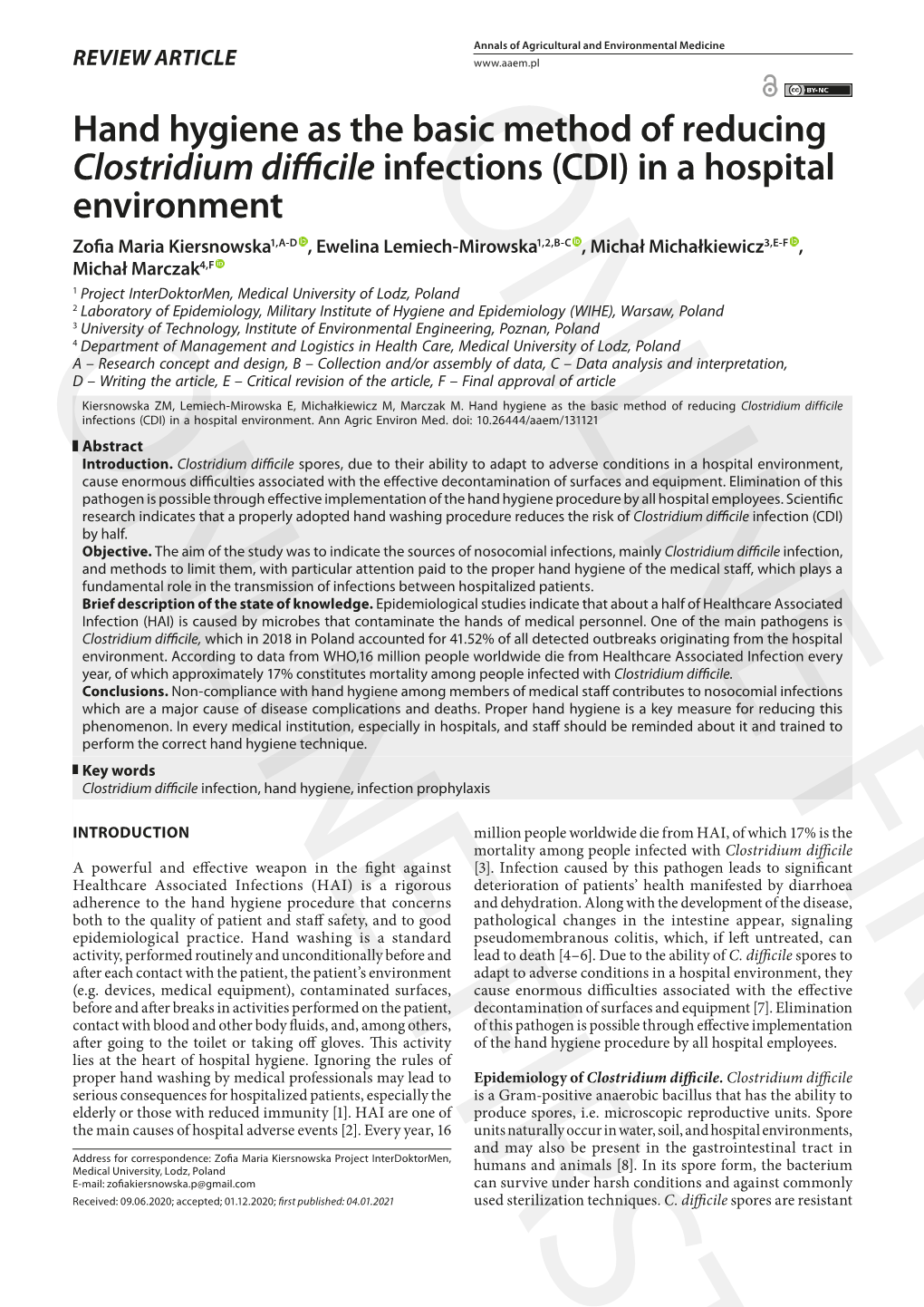 Hand Hygiene As the Basic Method of Reducing Clostridium Difficile Infections (CDI) in a Hospital Environment