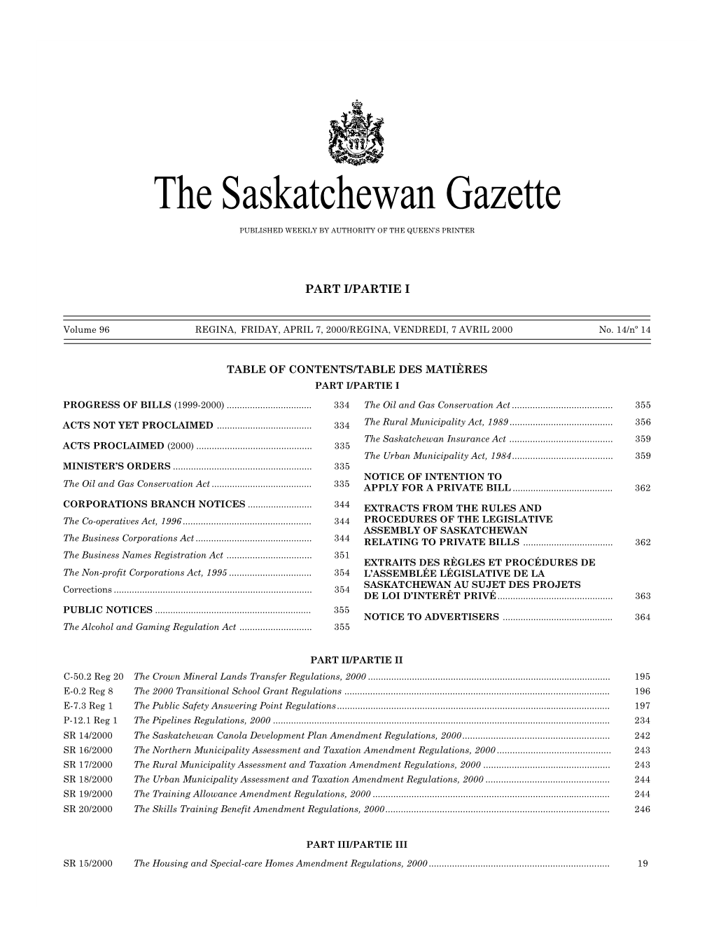 Sask Gazette, Part I, Apr 7, 2000