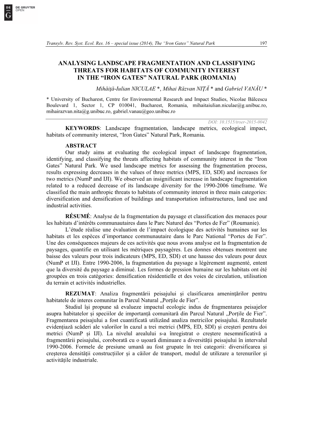 Analysing Landscape Fragmentation and Classifying Threats for Habitats of Community Interest in the “Iron Gates” Natural Park (Romania)