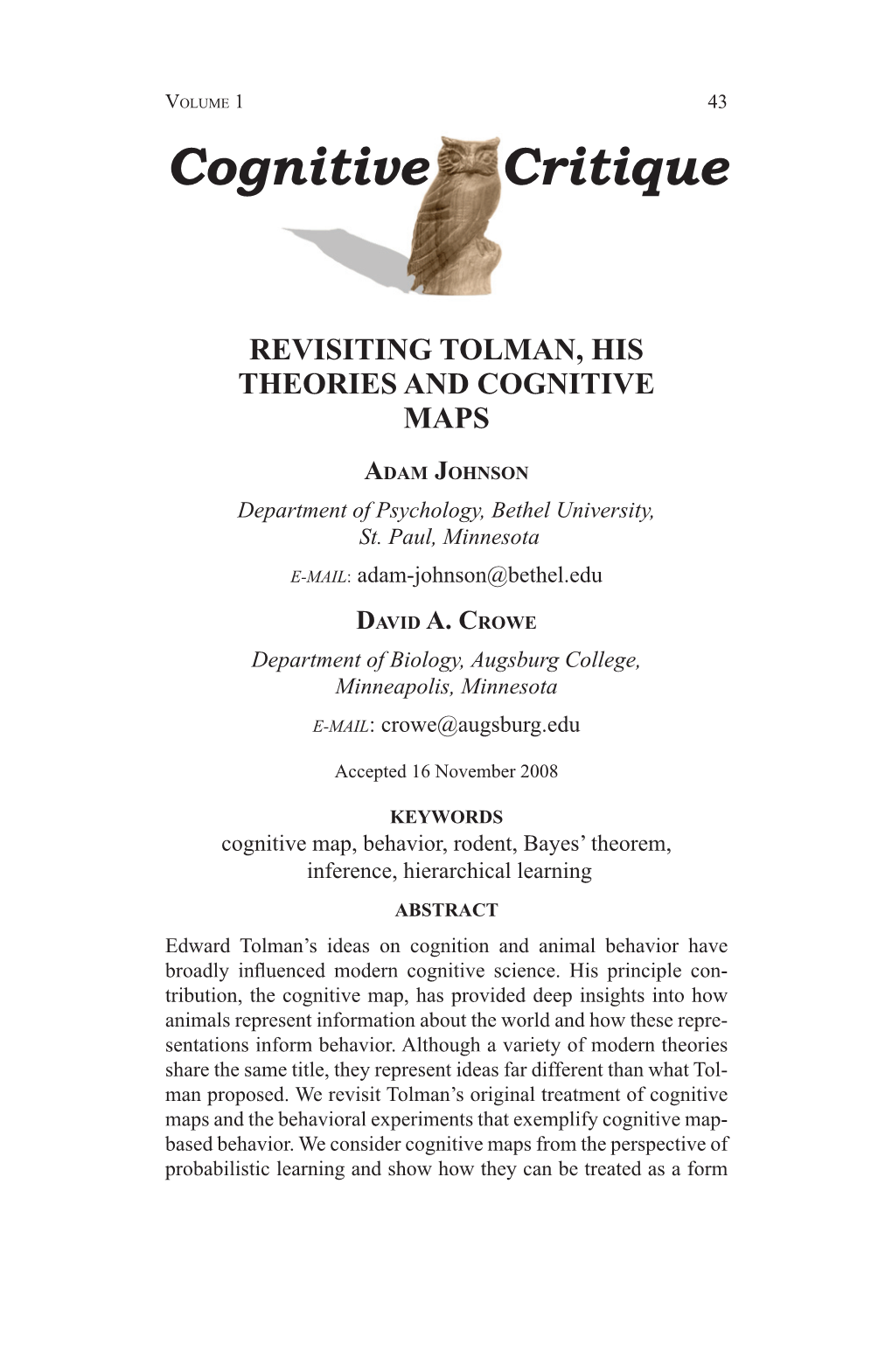 Revisiting Tolman, His Theories and Cognitive Maps