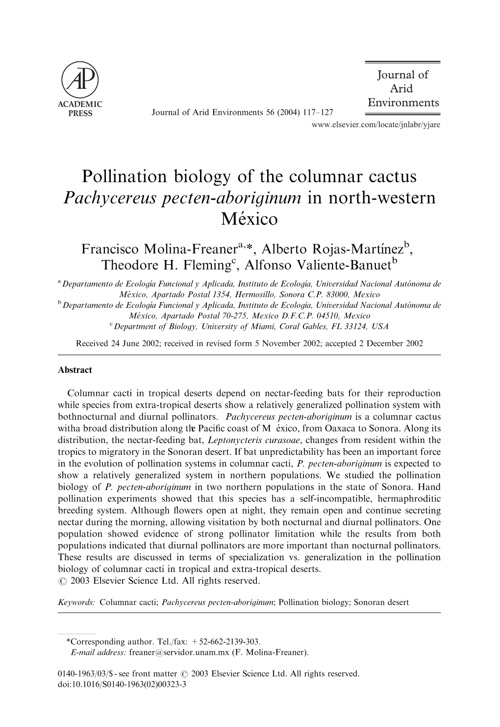Pollination Biology of the Columnar Cactus Pachycereus Pecten-Aboriginum in North-Western Mexico!