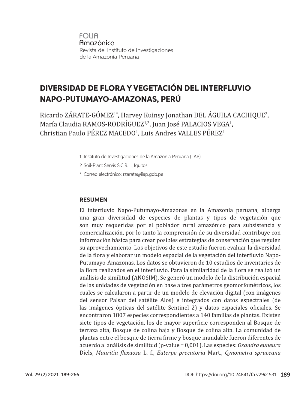 Diversidad De Flora Y Vegetación Del Interfluvio Napo-Putumayo-Amazonas, Perú