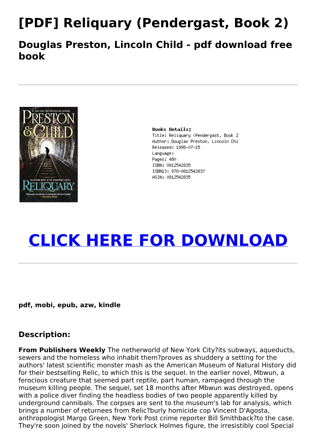 Pdf Reliquary (Pendergast, Book 2) Douglas Preston, Lincoln Child