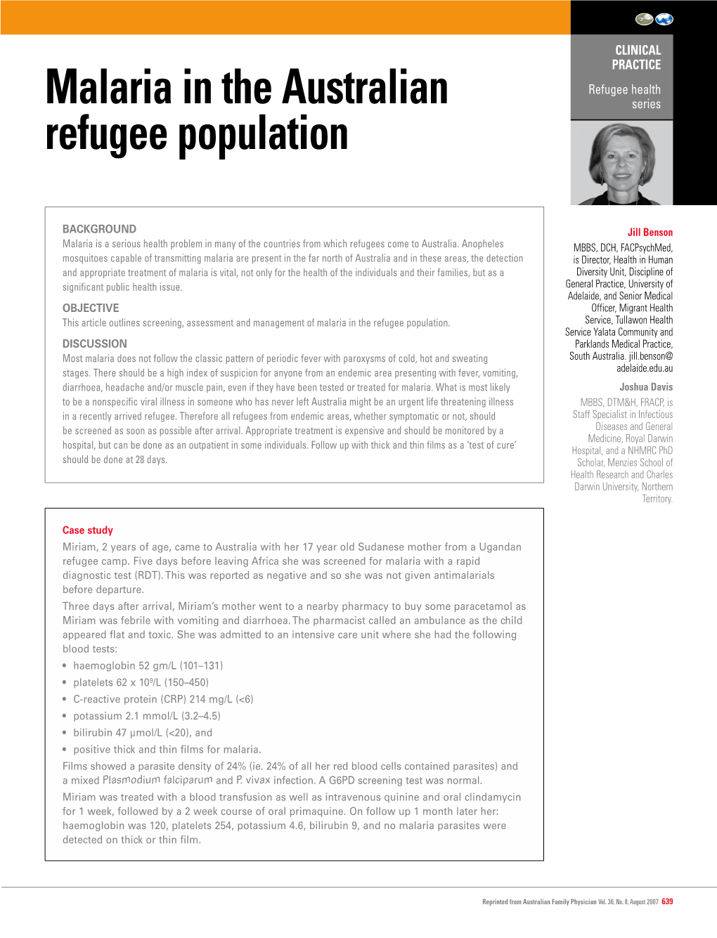 Malaria in the Australian Refugee Population