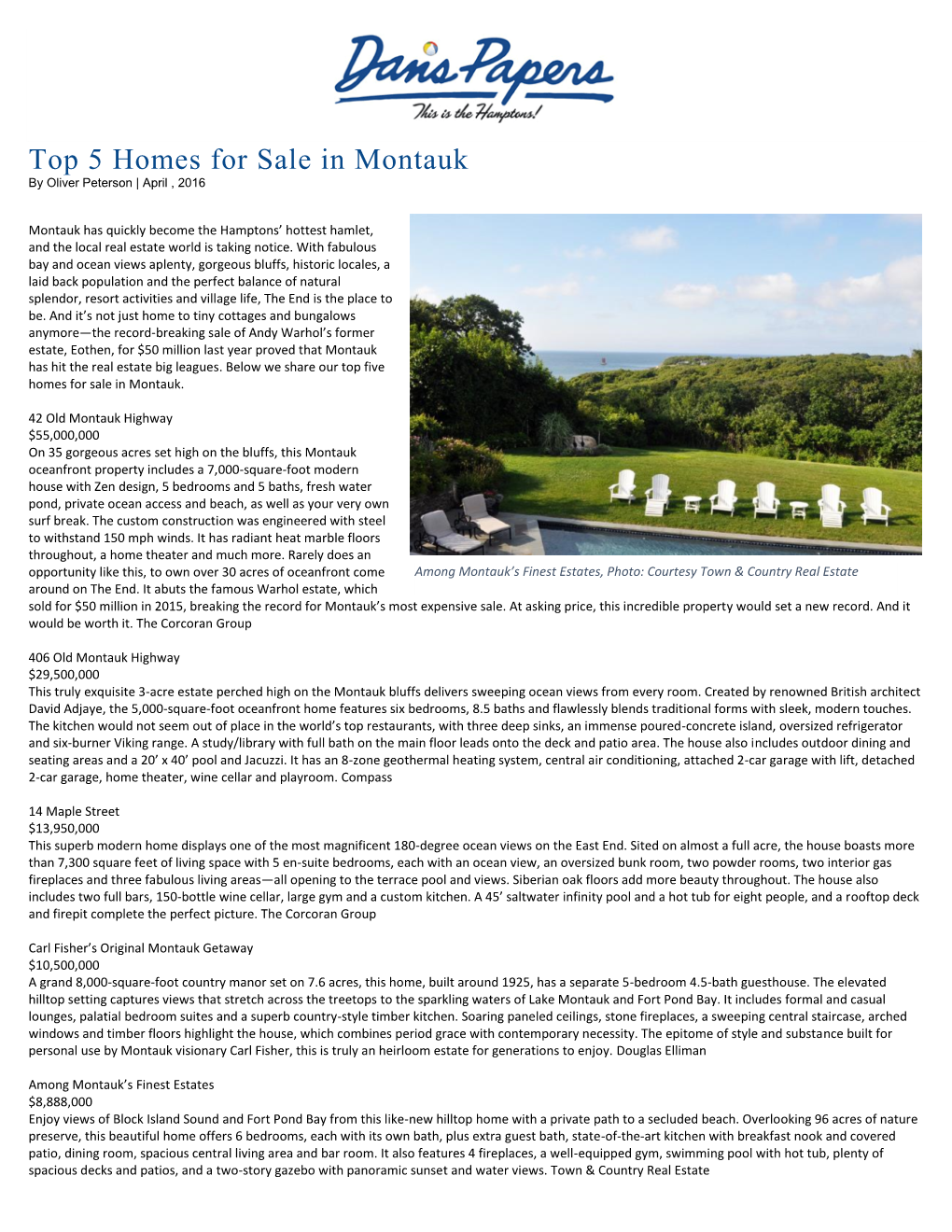 Top 5 Homes for Sale in Montauk by Oliver Peterson | April , 2016