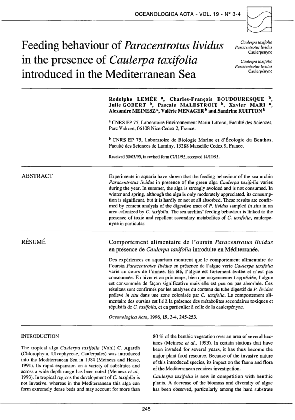 Feeding Behaviour of Paracentrotus Lividus in the Presence of Caulerpa