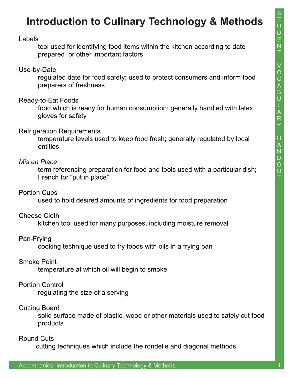 Introduction to Culinary Technology & Methods