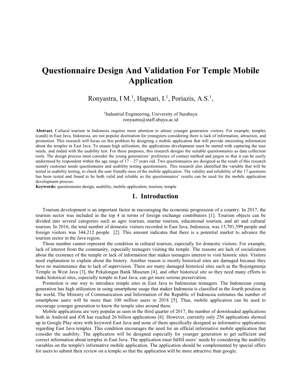 Questionnaire Design and Validation for Temple Mobile Application