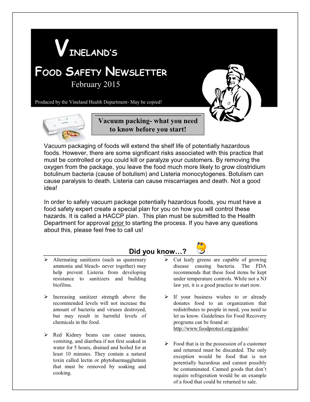 VINELAND's FOOD SAFETY NEWSLETTER February 2015