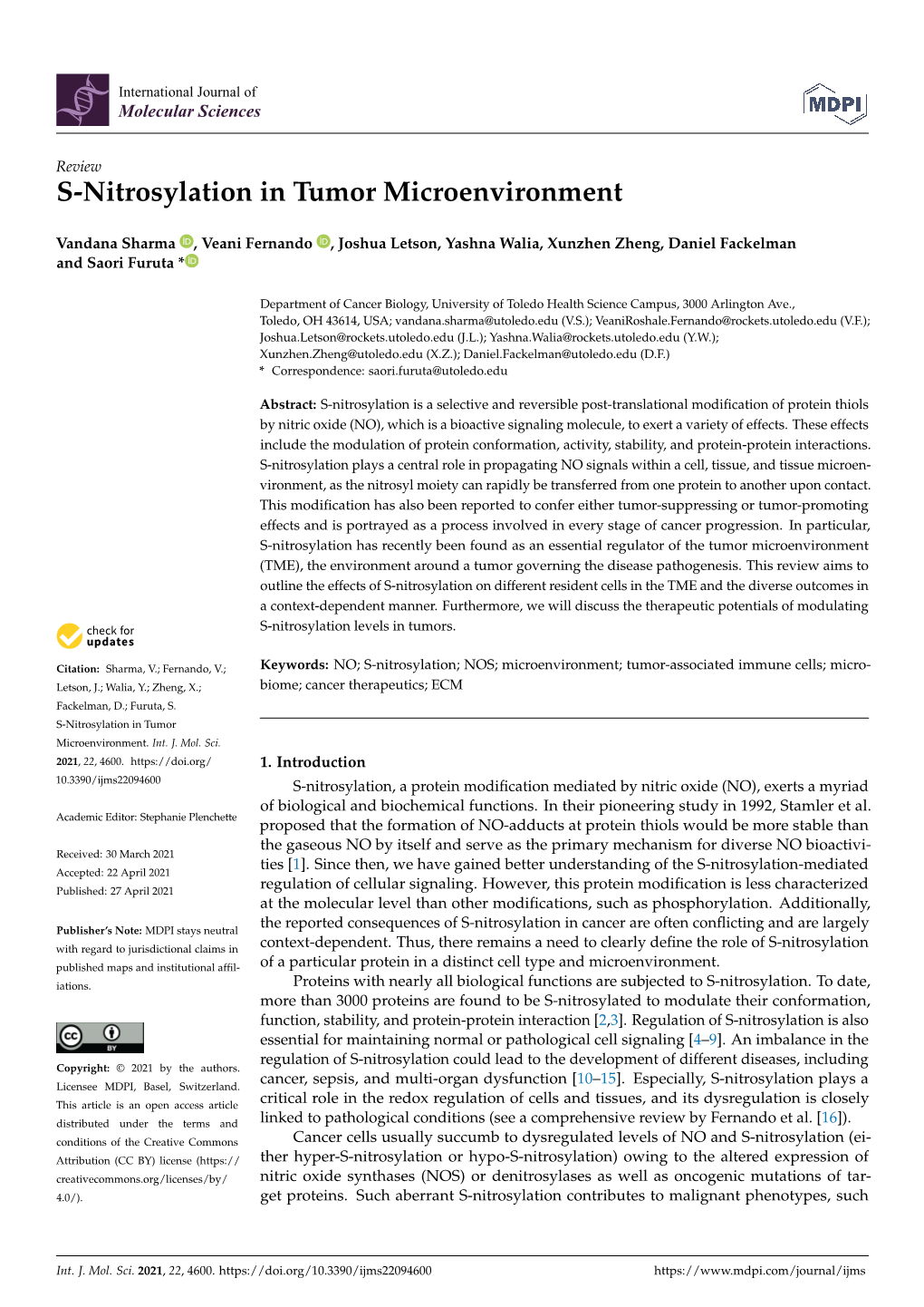 S-Nitrosylation in Tumor Microenvironment