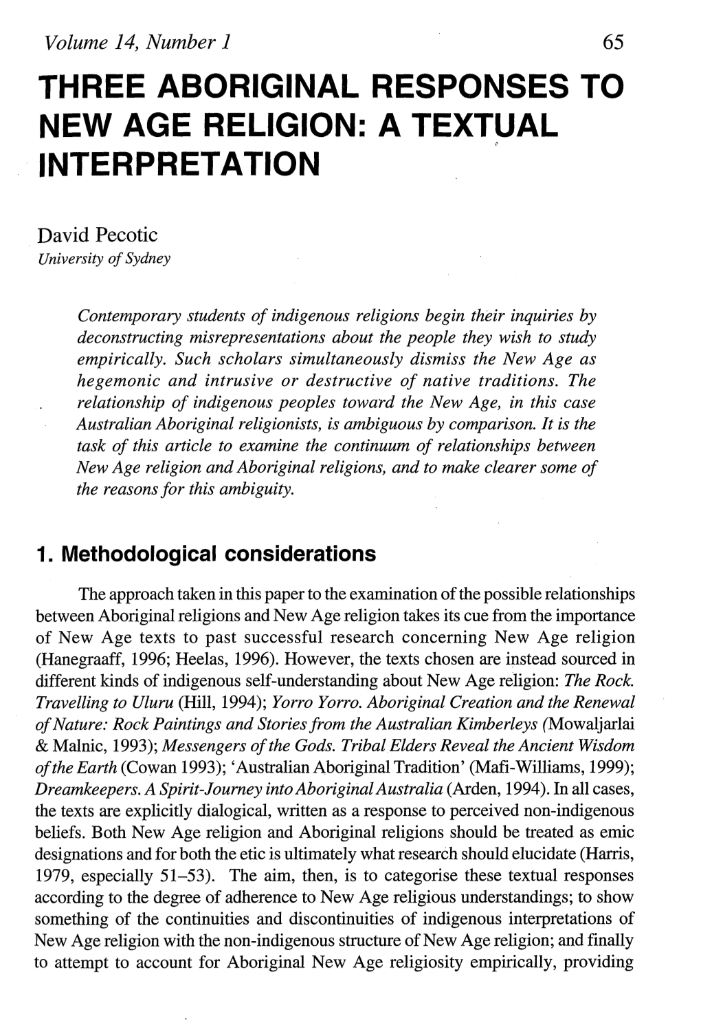 Three Aboriginal Responses to New Age Religion: a Textual ' Interpretation