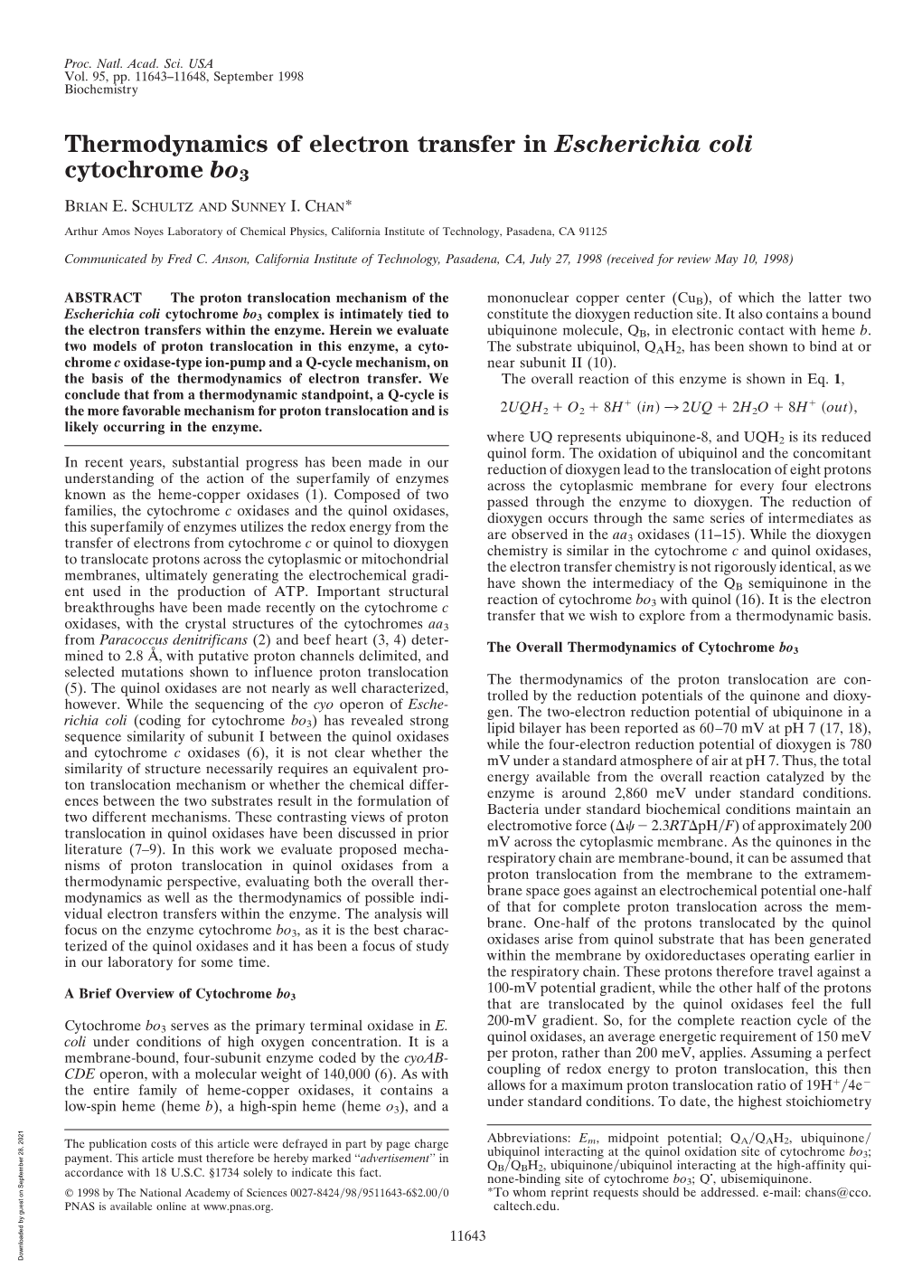 Thermodynamics of Electron Transfer in Escherichia Coli Cytochrome Bo3