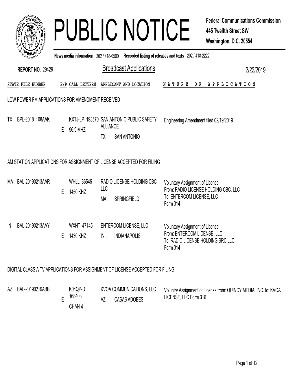 Broadcast Applications 2/22/2019