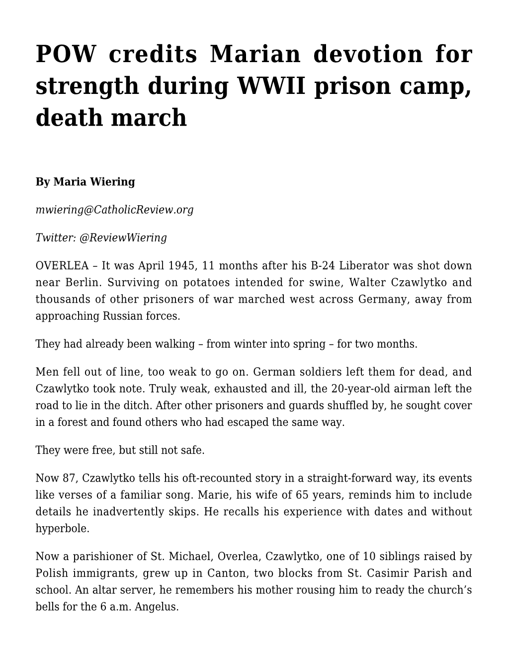 POW Credits Marian Devotion for Strength During WWII Prison Camp, Death March