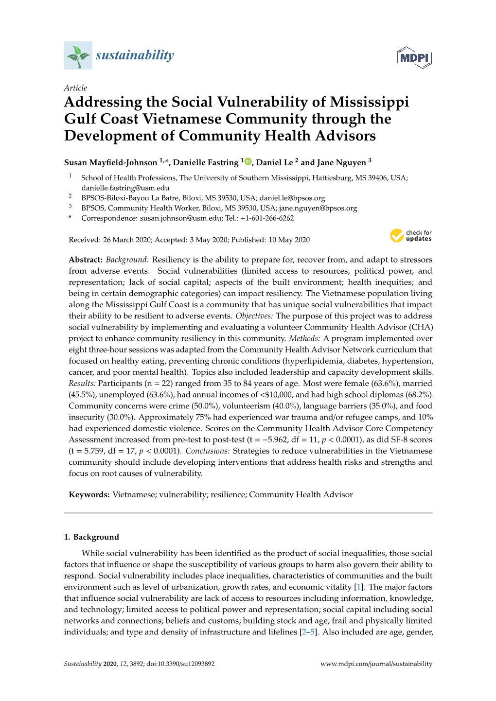 Addressing the Social Vulnerability of Mississippi Gulf Coast Vietnamese Community Through the Development of Community Health Advisors