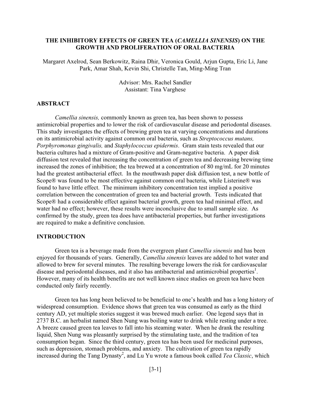 The Inhibitory Effects of Green Tea (Camellia Sinensis) on the Growth and Proliferation of Oral Bacteria