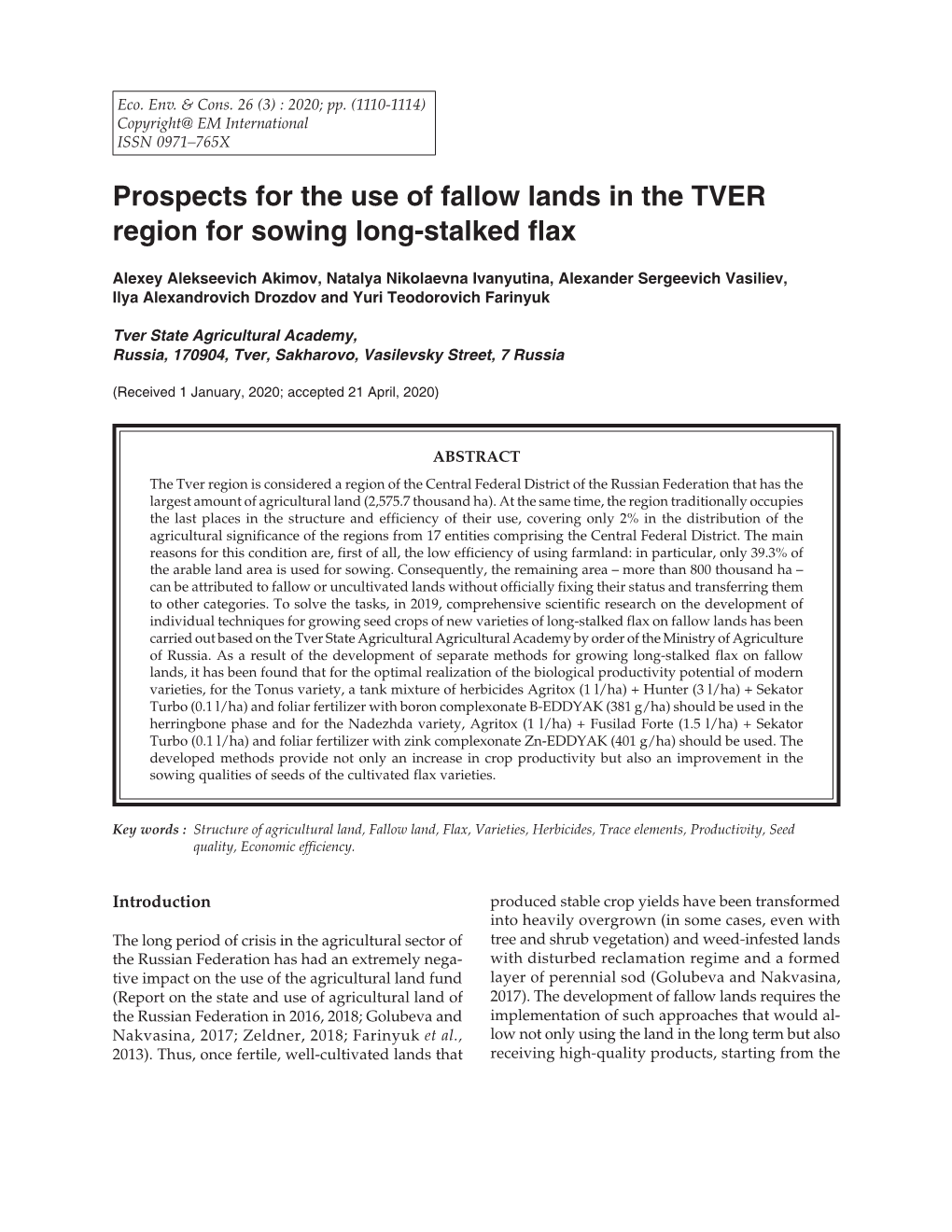 Prospects for the Use of Fallow Lands in the TVER Region for Sowing Long-Stalked Flax