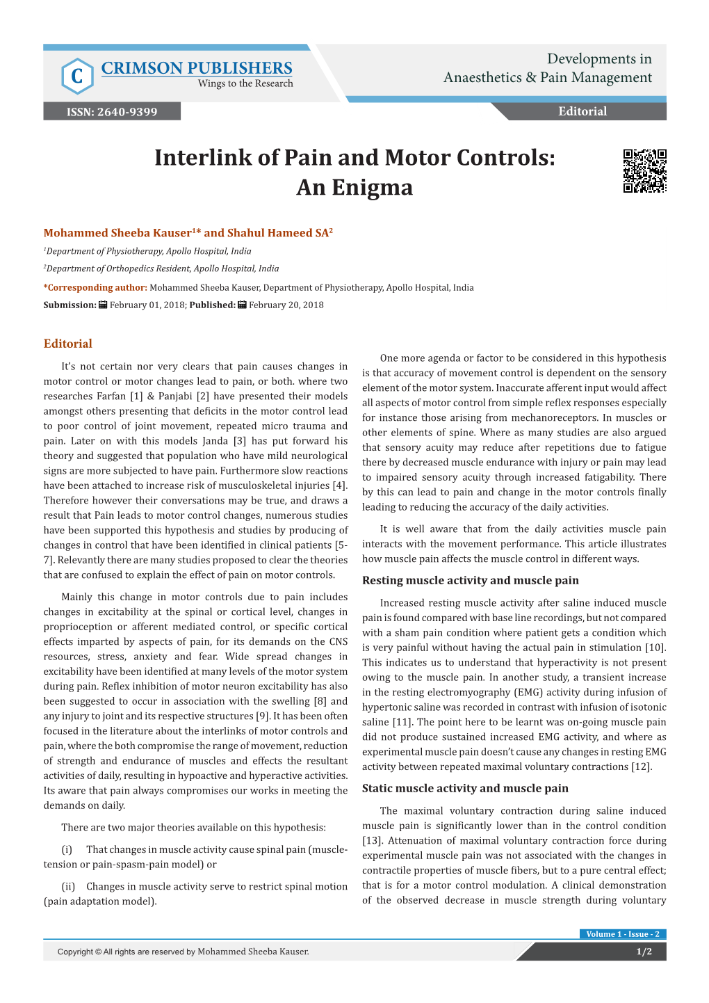 Interlink of Pain and Motor Controls: an Enigma