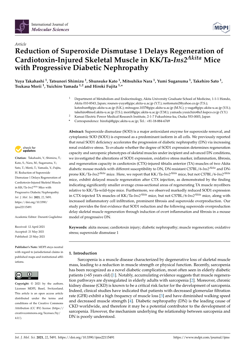 Reduction of Superoxide Dismutase 1 Delays Regeneration of Cardiotoxin-Injured Skeletal Muscle in KK/Ta-Ins2akita Mice with Progressive Diabetic Nephropathy