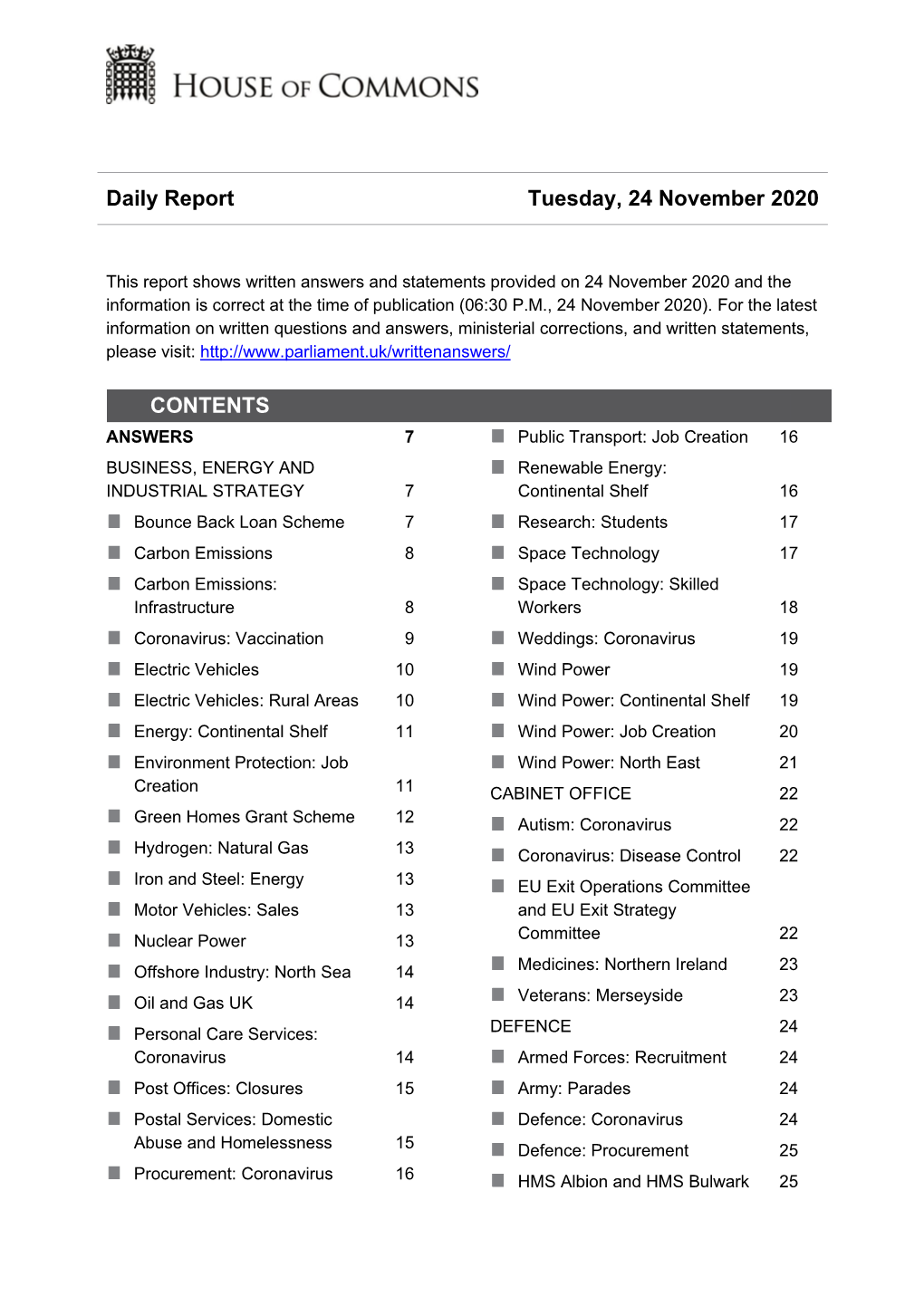 Daily Report Tuesday, 24 November 2020 CONTENTS