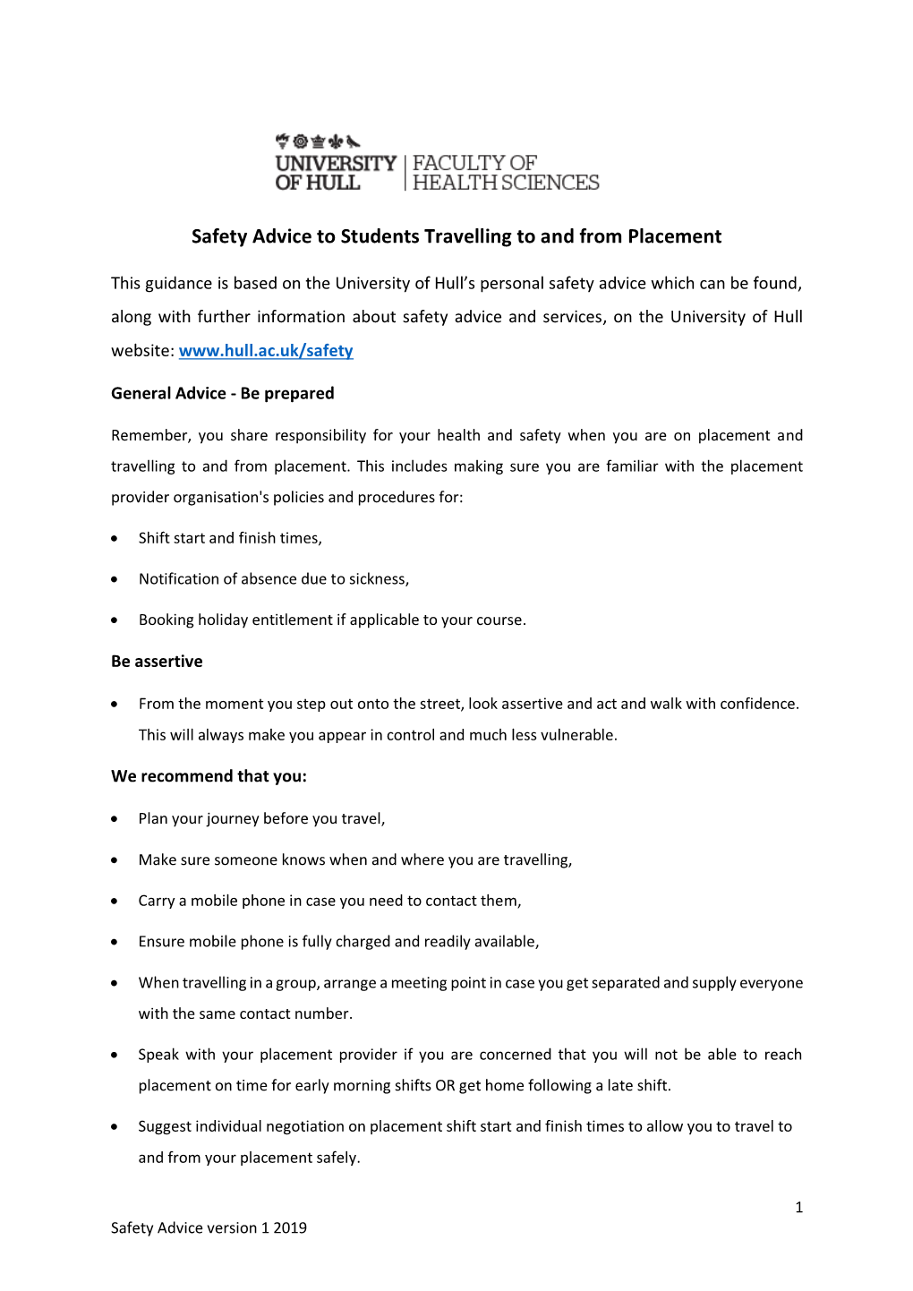 Safety Advice for Students Travelling to and from Placement