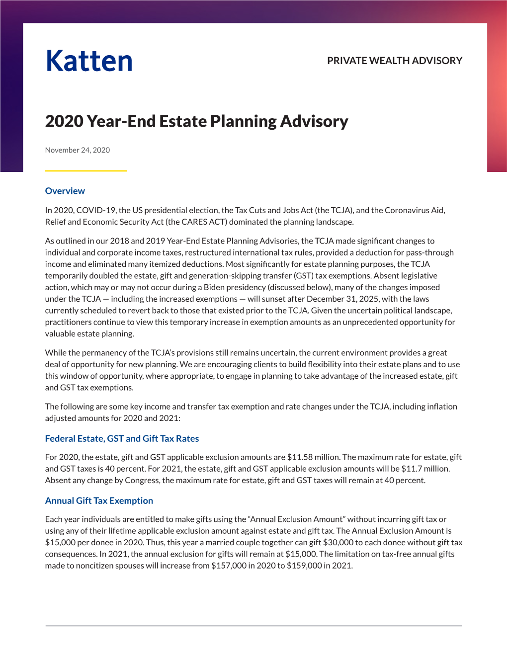 2020 Year-End Estate Planning Advisory