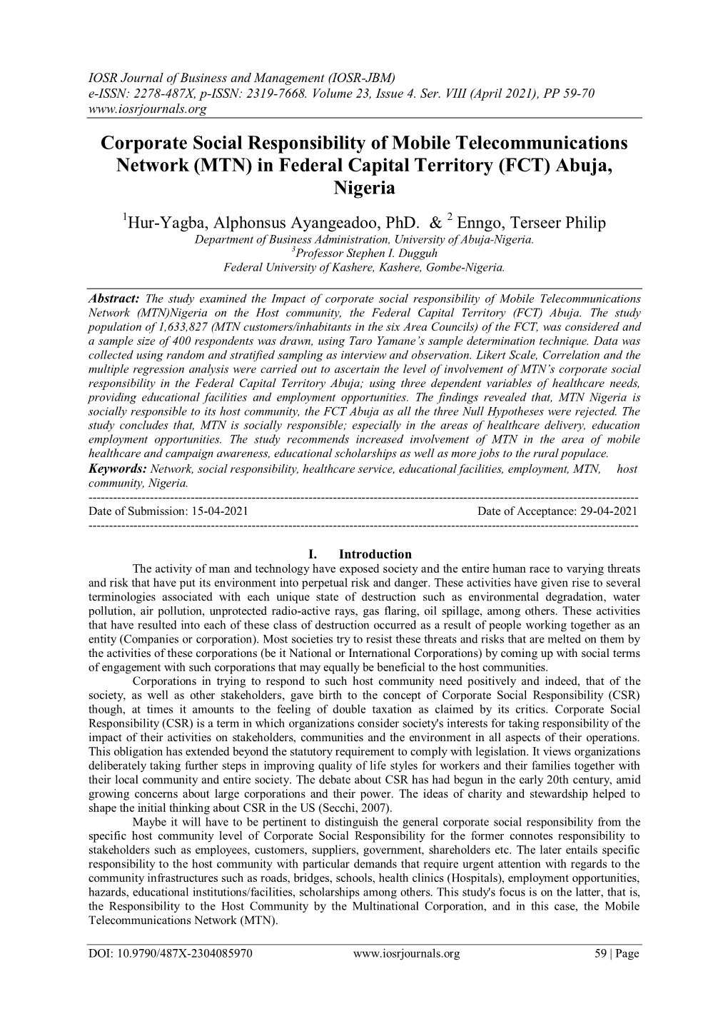 Corporate Social Responsibility of Mobile Telecommunications Network (MTN) in Federal Capital Territory (FCT) Abuja, Nigeria