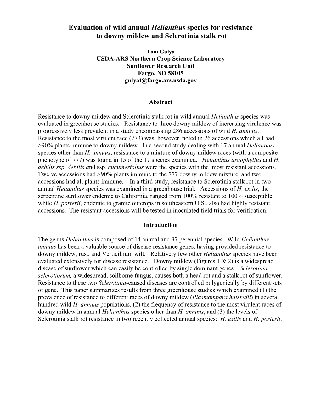 Evaluation of Wild Annual Helianthus Species for Resistance to Downy Mildew and Sclerotinia Stalk Rot