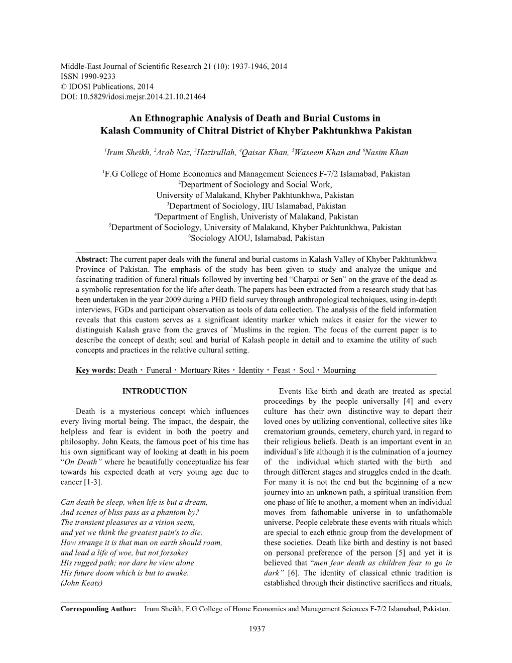 An Ethnographic Analysis of Death and Burial Customs in Kalash Community of Chitral District of Khyber Pakhtunkhwa Pakistan