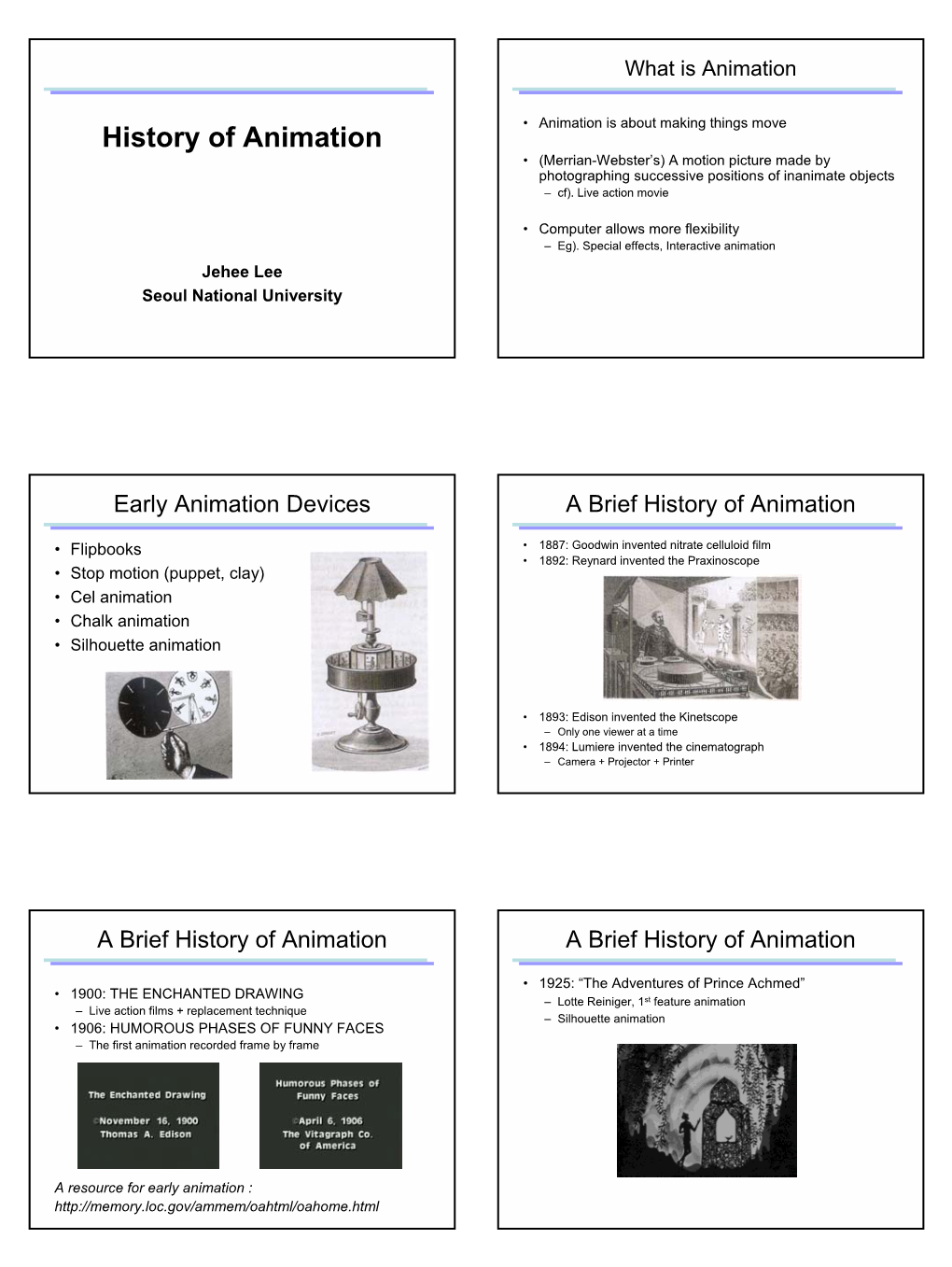 History of Animation • (Merrian-Webster’S) a Motion Picture Made by Photographing Successive Positions of Inanimate Objects – Cf)